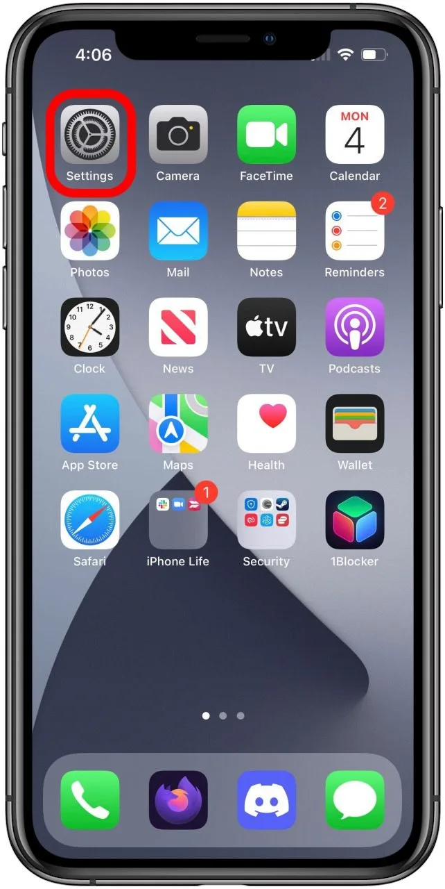 Écran d'accueil de l'iPhone avec l'icône de l'application Paramètres marquée