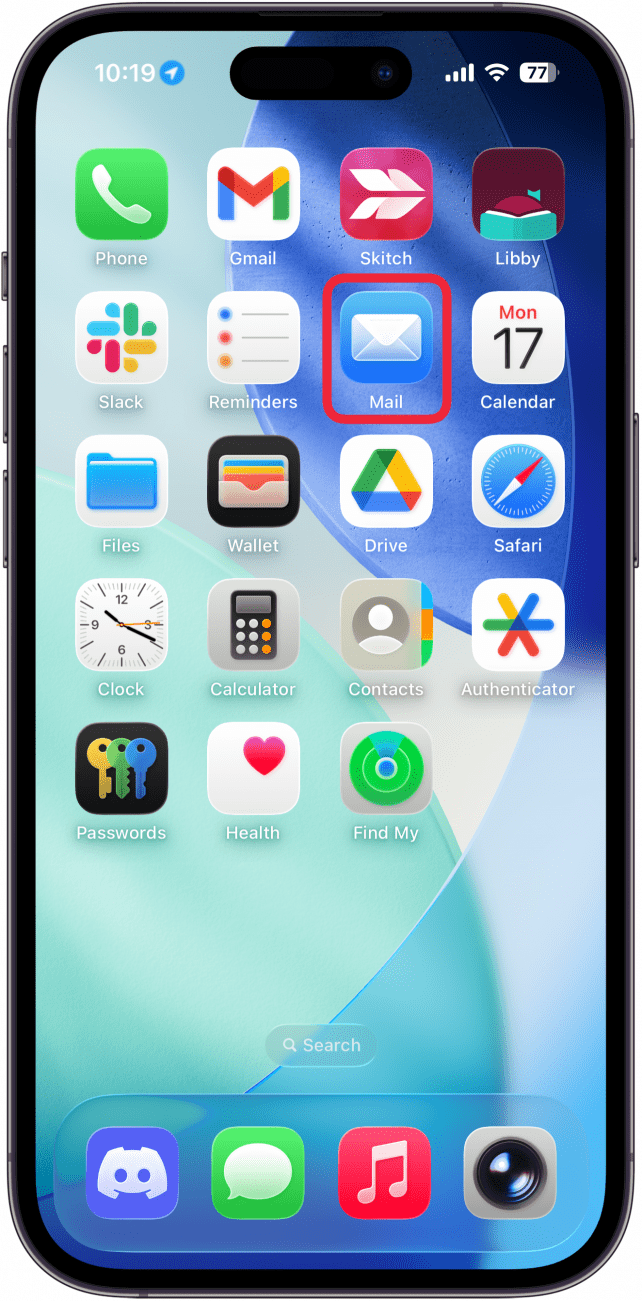 une capture d'écran de l'écran d'accueil d'un iPhone avec un cadre rouge autour de l'application de messagerie