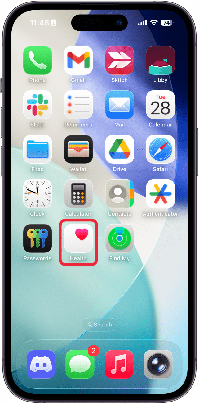 une capture d'écran de l'écran d'accueil de l'iPhone avec un cadre rouge autour de l'application Santé