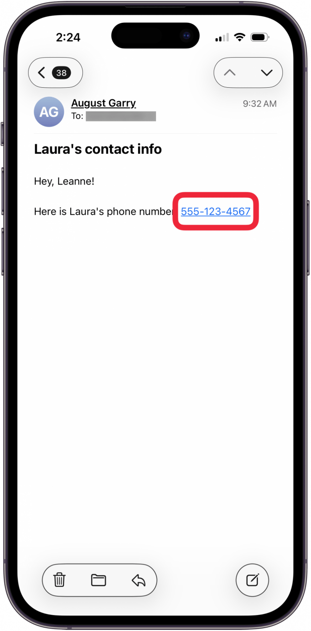 appuyez et maintenez le numéro de téléphone dans l'e-mail