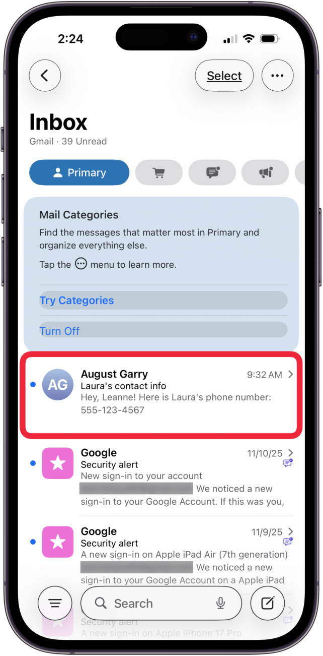 appuyez sur l'e-mail contenant le numéro de téléphone appuyez sur l'e-mail contenant le numéro de téléphone