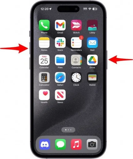 appuyez sur le bouton latéral et le bouton d'augmentation du volume iphone 15 avec des flèches rouges pointant vers le bouton d'alimentation et le bouton d'augmentation du volume